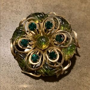 Midcentury Vintage Brooch - Emerald Citrine Colored Stones - Gold Tone - Flower